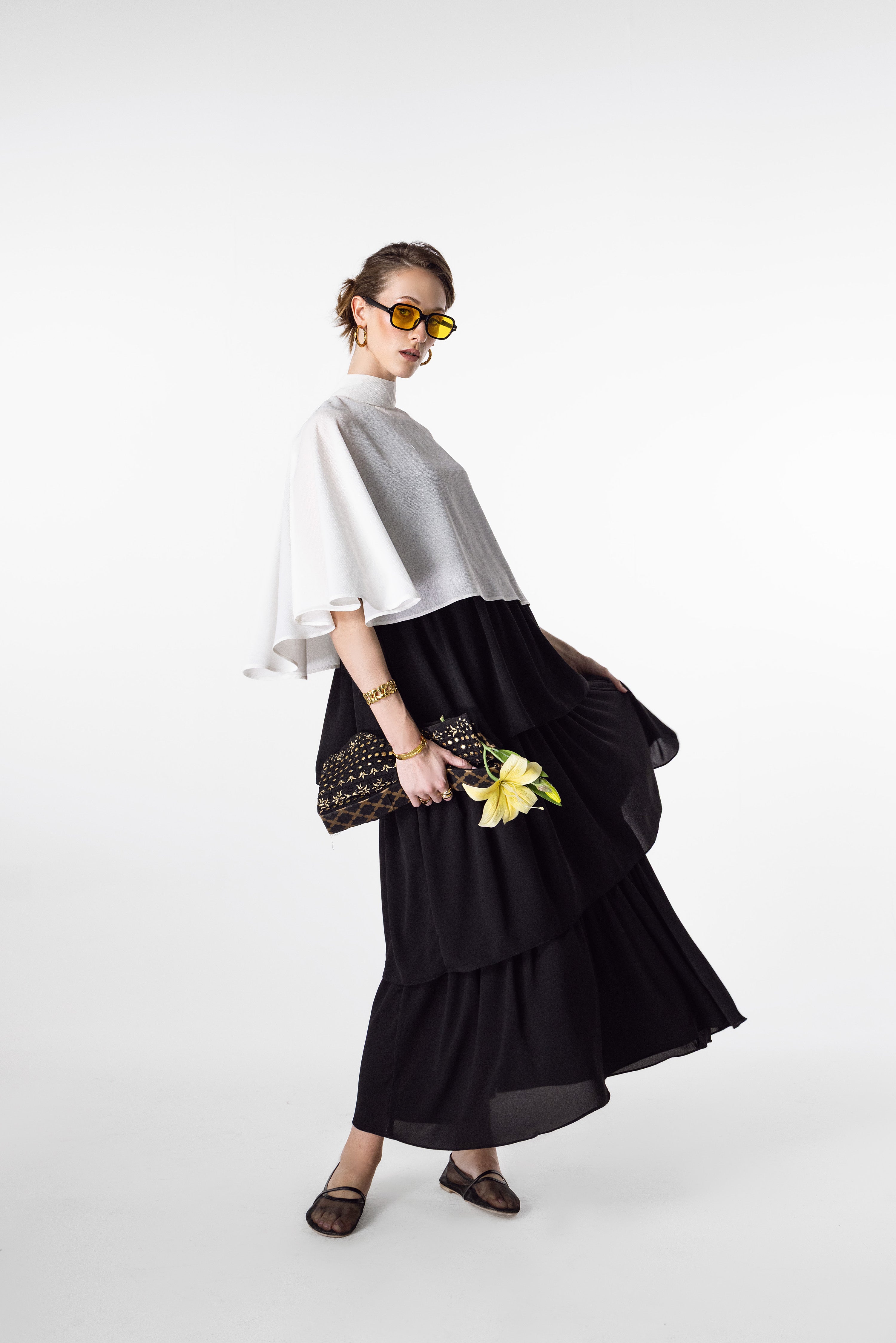 Cape Overlay Top and Tiered Midi Skirt Set