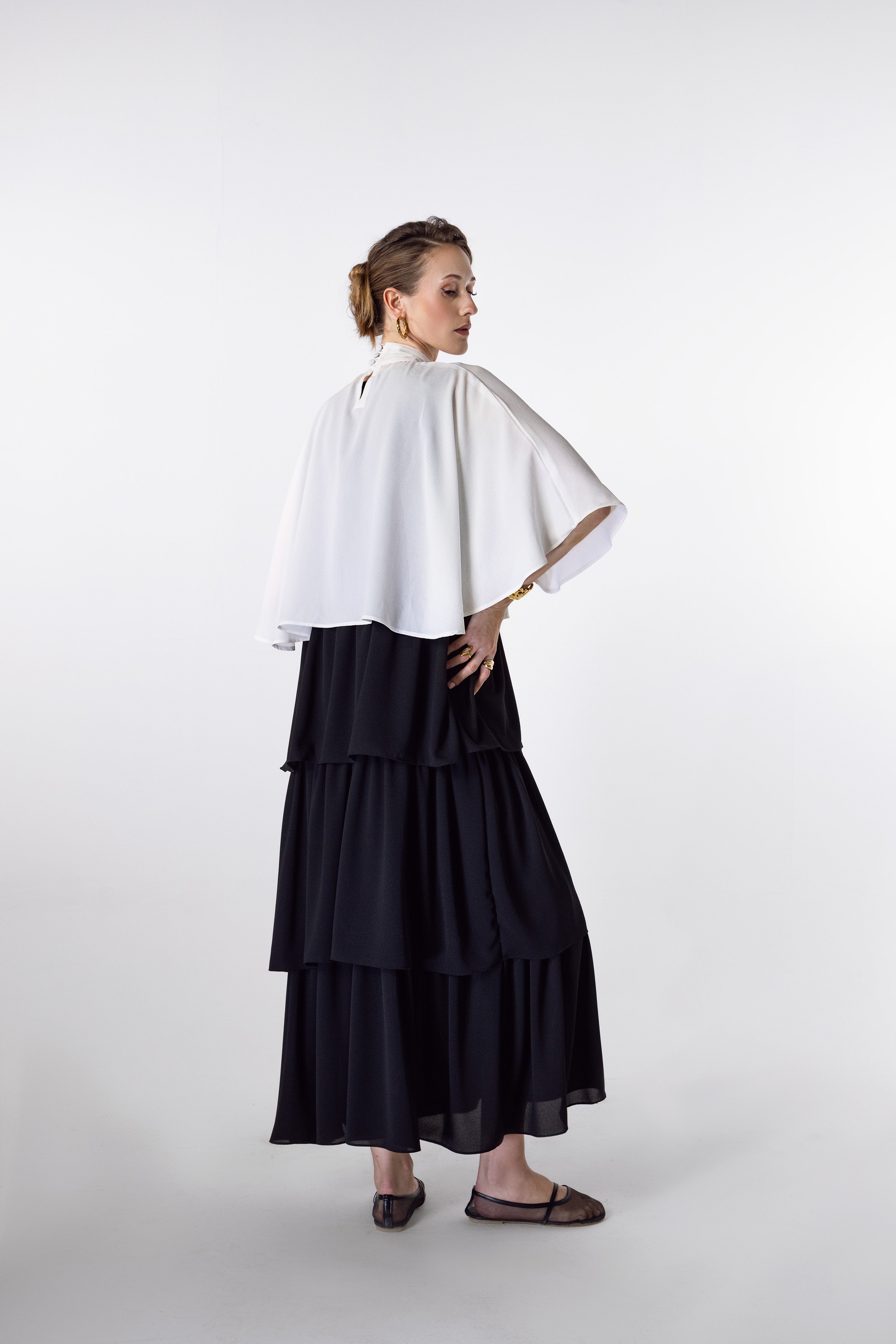 Cape Overlay Top and Tiered Midi Skirt Set
