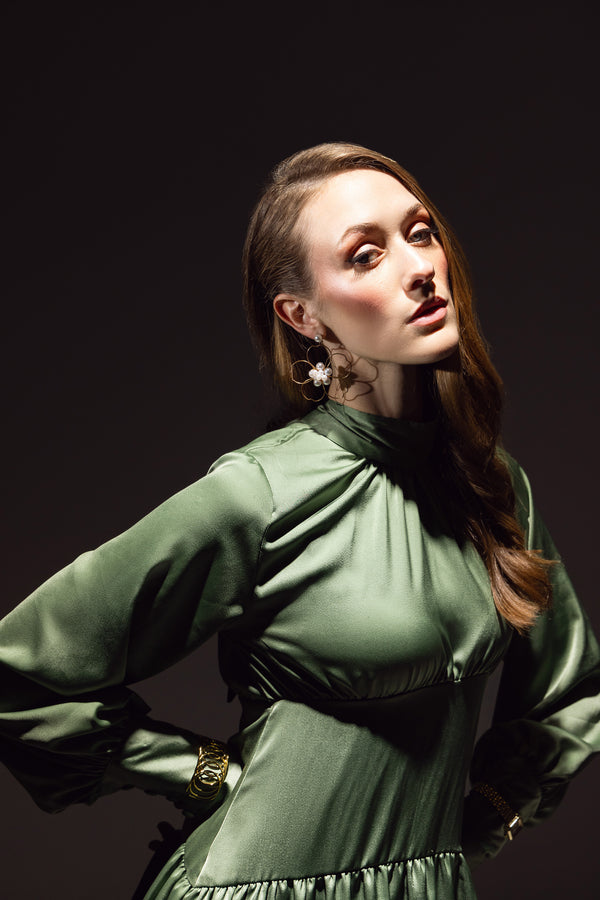 High-Neck Gathered Midi Dress