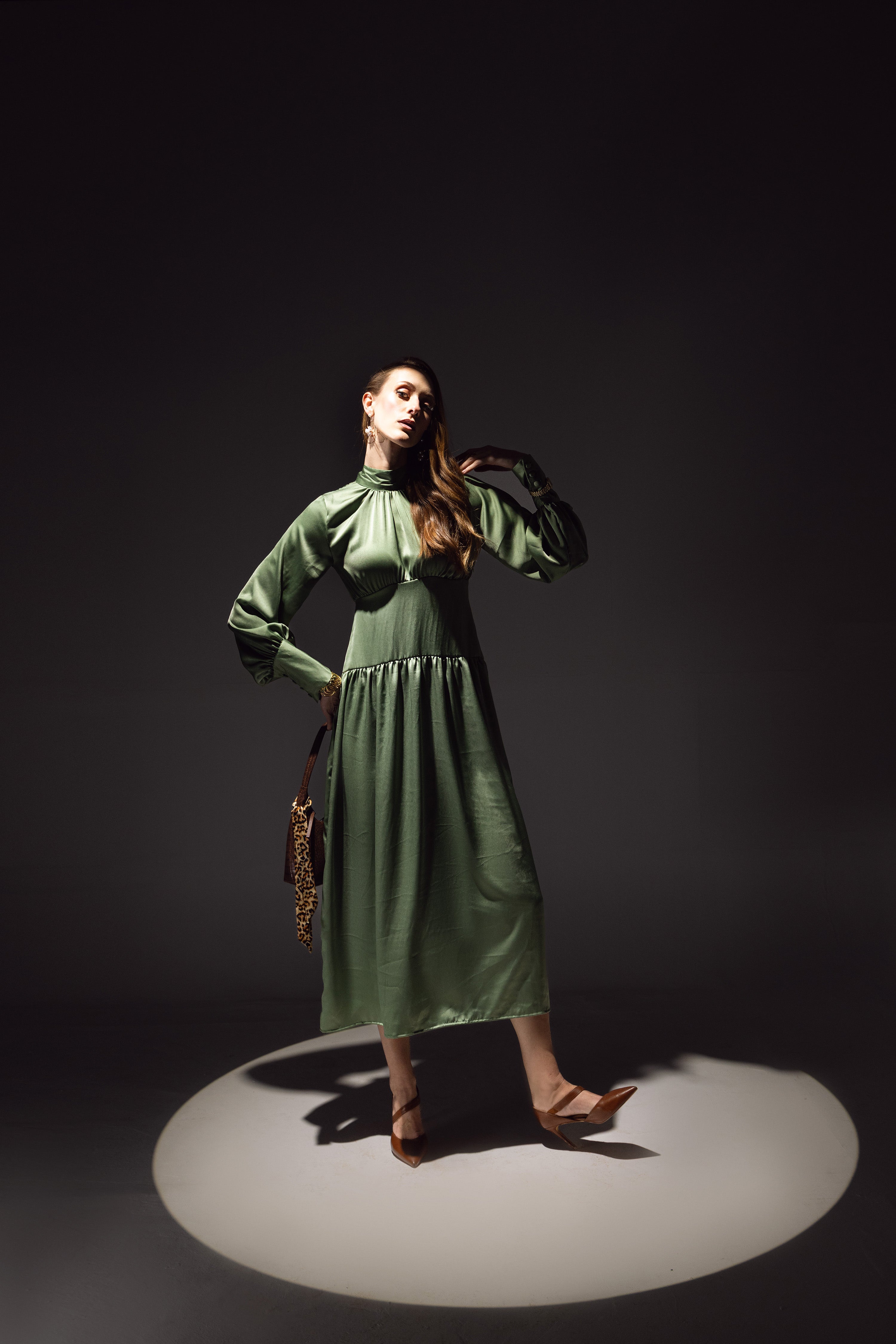 High-Neck Gathered Midi Dress