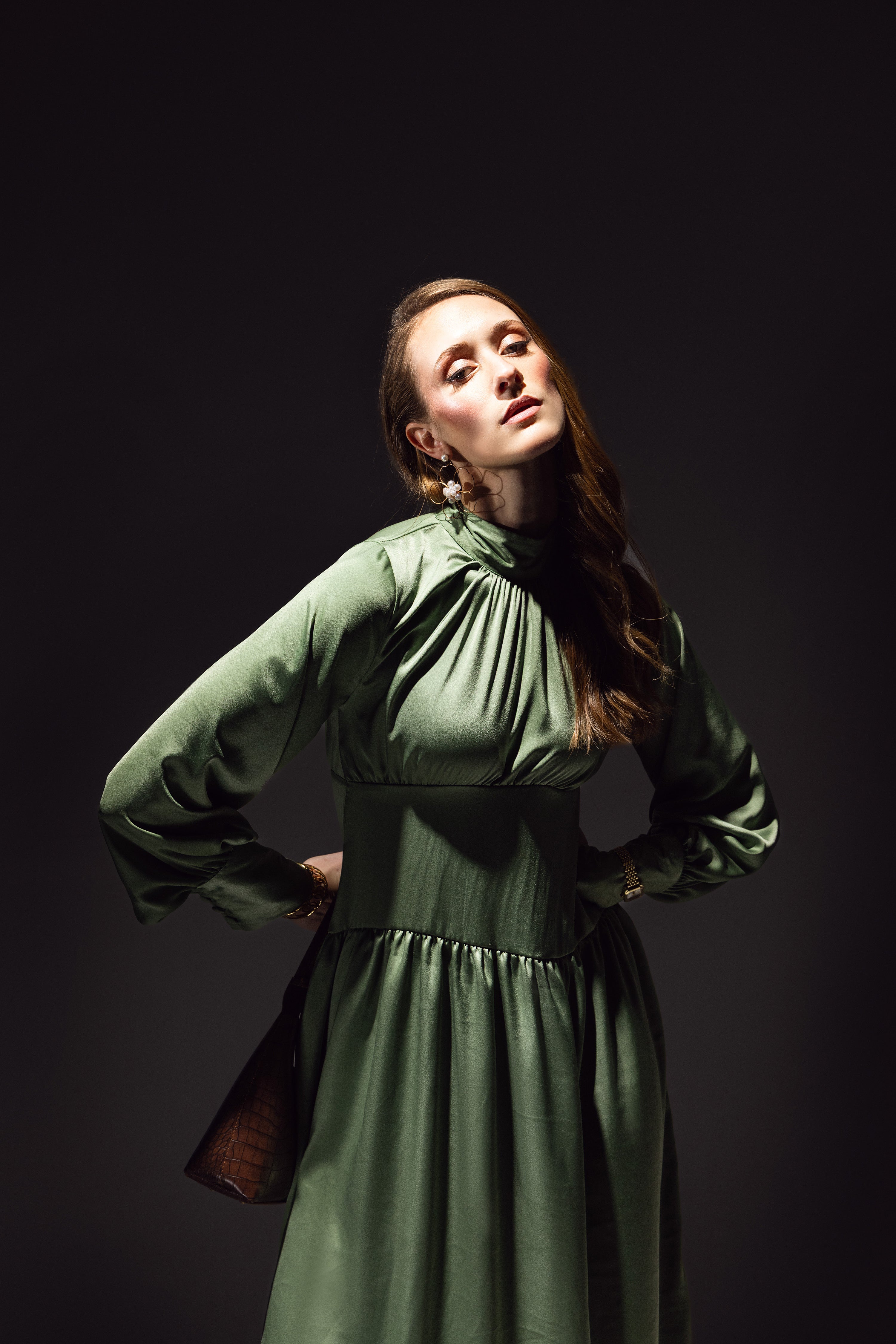 High-Neck Gathered Midi Dress