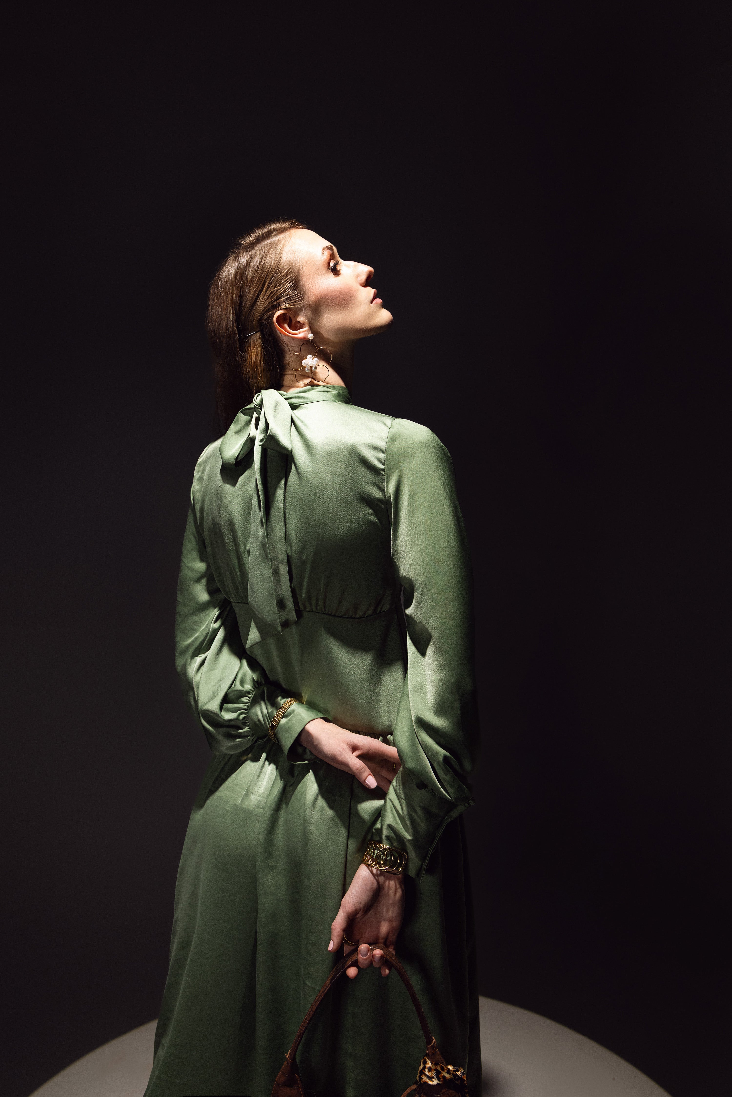 High-Neck Gathered Midi Dress